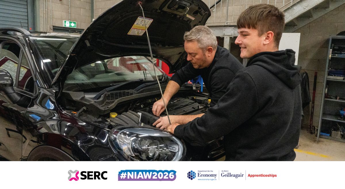 Image showing motor vehicle student and tutor working on a car. 